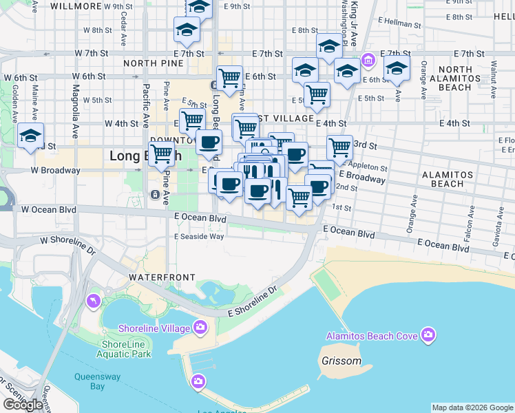 map of restaurants, bars, coffee shops, grocery stores, and more near 35 South Linden Avenue in Long Beach