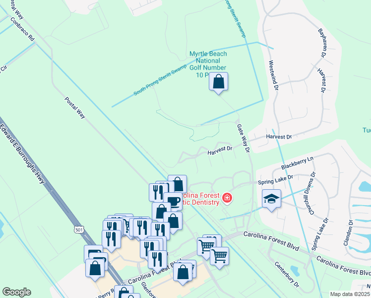 map of restaurants, bars, coffee shops, grocery stores, and more near 5040 Windsor Green Way in Myrtle Beach
