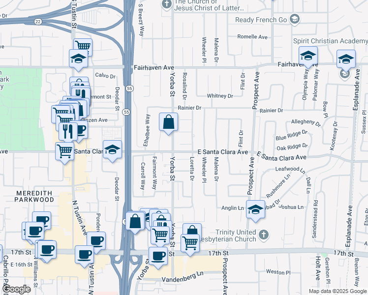 map of restaurants, bars, coffee shops, grocery stores, and more near 17552 Eddy Drive in Santa Ana
