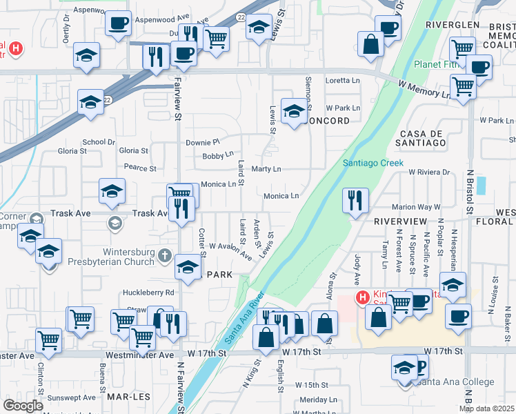 map of restaurants, bars, coffee shops, grocery stores, and more near 2304 Lewis Street in Santa Ana