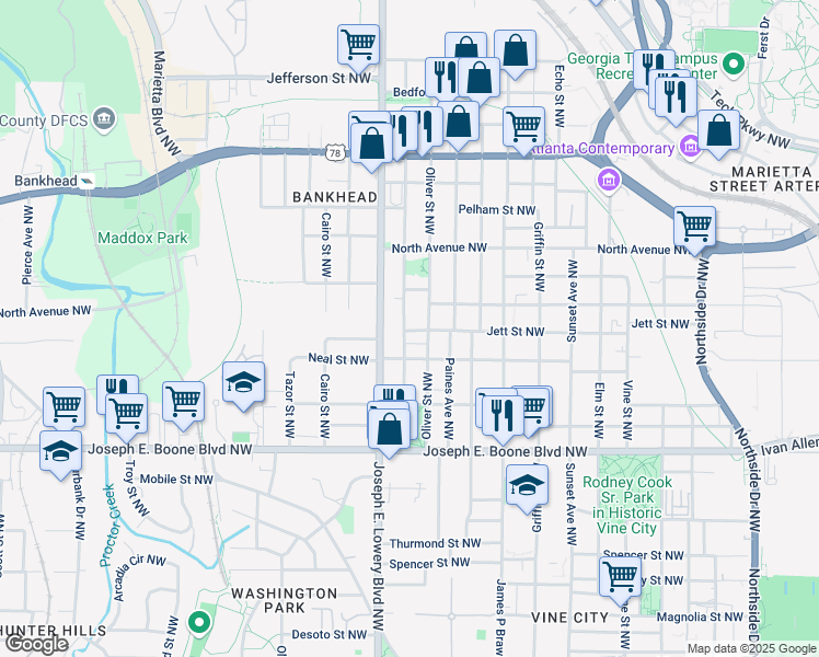 map of restaurants, bars, coffee shops, grocery stores, and more near 467 Lindsay Street Northwest in Atlanta