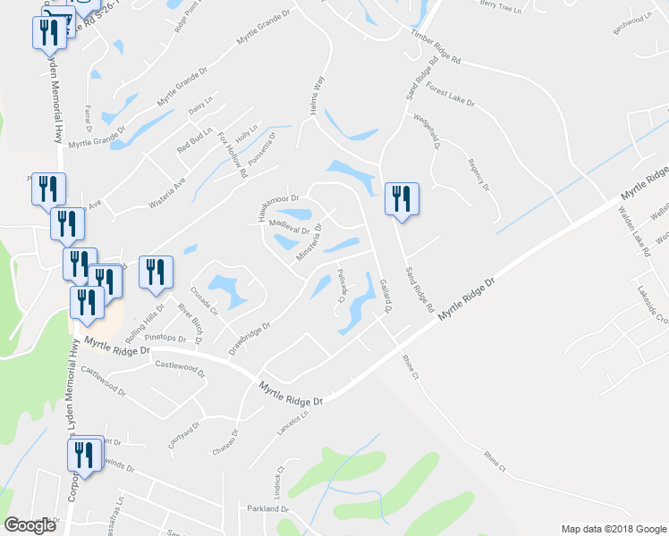map of restaurants, bars, coffee shops, grocery stores, and more near 764 Drawbridge Drive in Conway