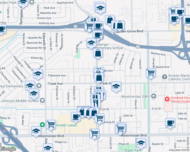 map of restaurants, bars, coffee shops, grocery stores, and more near 13401 Goldenwest Street in Westminster