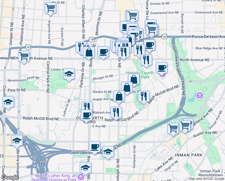 map of restaurants, bars, coffee shops, grocery stores, and more near 555 Winton Terrace Northeast in Atlanta