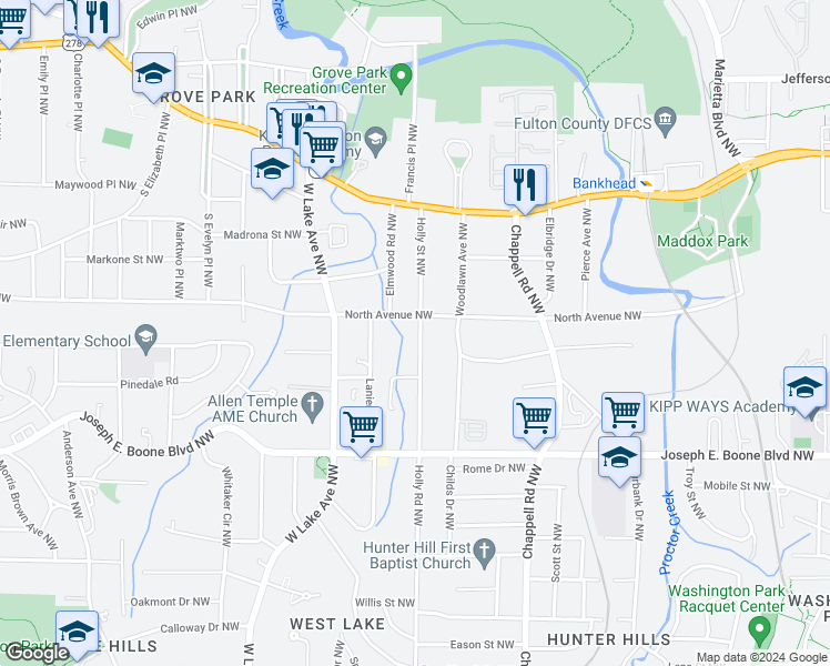 map of restaurants, bars, coffee shops, grocery stores, and more near 446 Holly Street Northwest in Atlanta