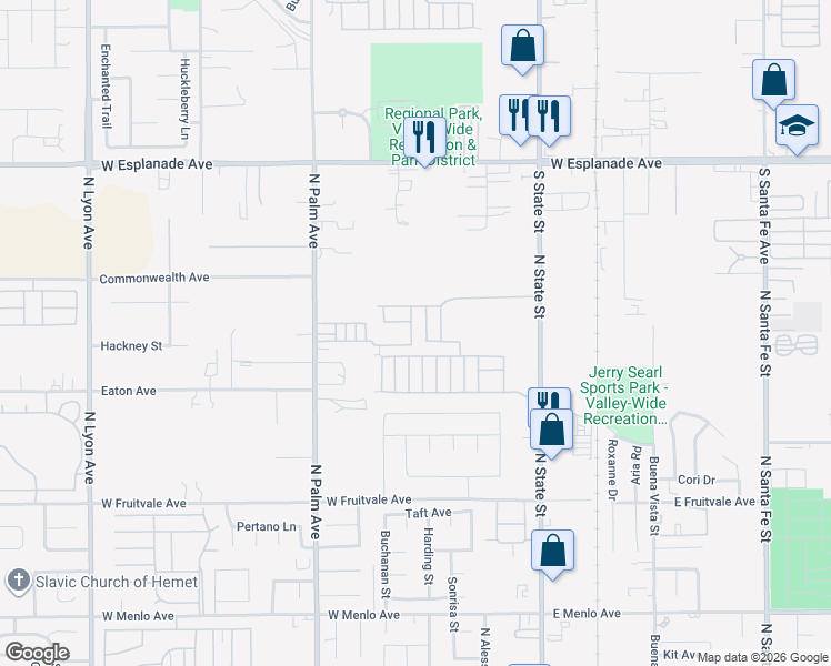 map of restaurants, bars, coffee shops, grocery stores, and more near 1097 North State Street in Hemet