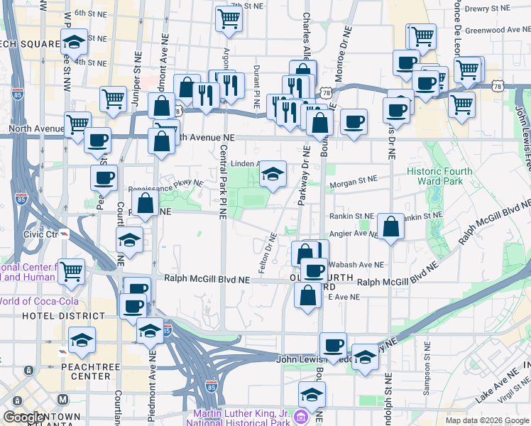 map of restaurants, bars, coffee shops, grocery stores, and more near 386 Pine Street Northeast in Atlanta