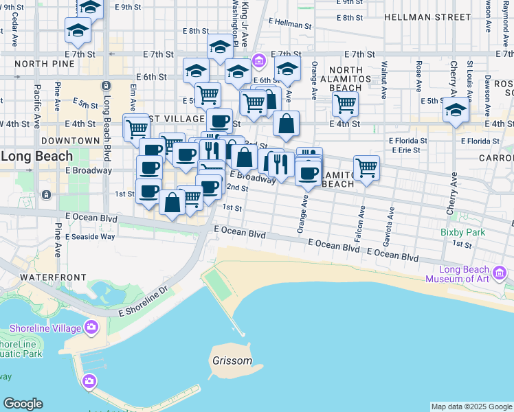 map of restaurants, bars, coffee shops, grocery stores, and more near 1023 East 1st Street in Long Beach