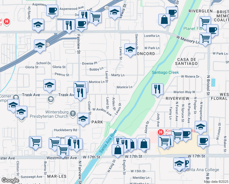 map of restaurants, bars, coffee shops, grocery stores, and more near 2304 Lewis Street in Santa Ana