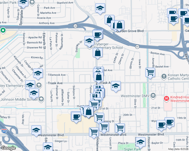 map of restaurants, bars, coffee shops, grocery stores, and more near 13401 Goldenwest Street in Westminster