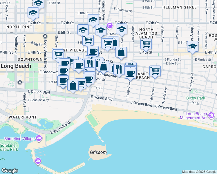 map of restaurants, bars, coffee shops, grocery stores, and more near 132 Bonito Avenue in Long Beach