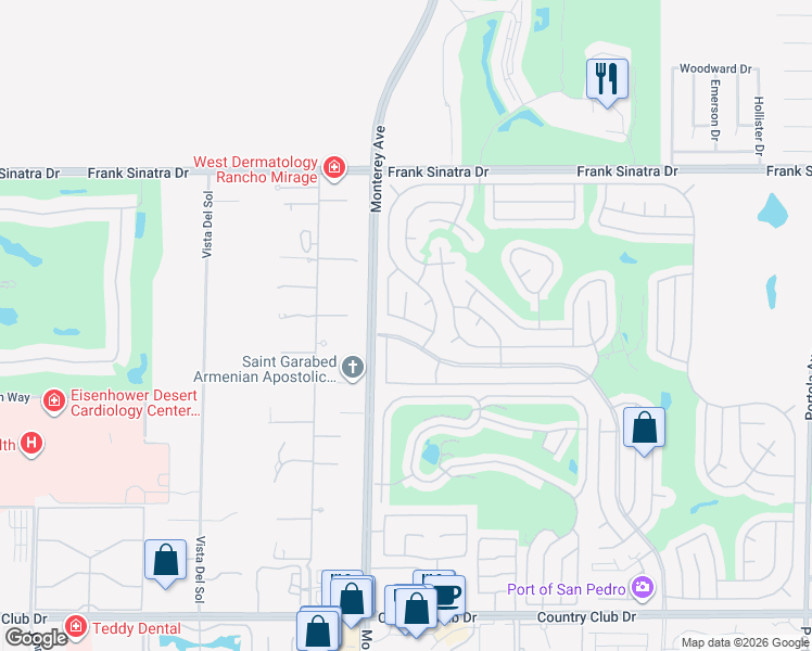 map of restaurants, bars, coffee shops, grocery stores, and more near 73061 Buck Springs Drive in Palm Desert