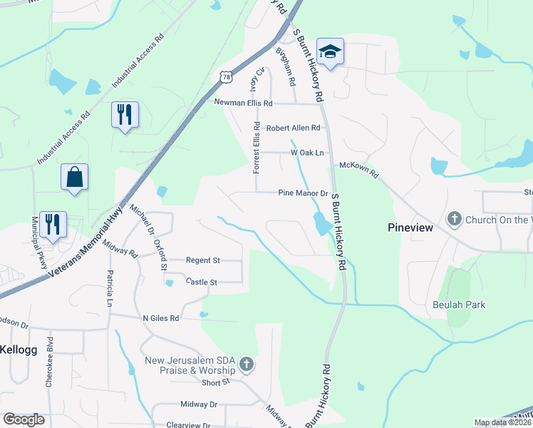 map of restaurants, bars, coffee shops, grocery stores, and more near 4087 Lakeland Hills Drive in Douglasville