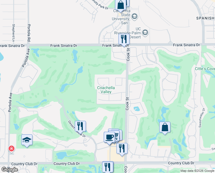map of restaurants, bars, coffee shops, grocery stores, and more near 7 Hillcrest Drive in Palm Desert