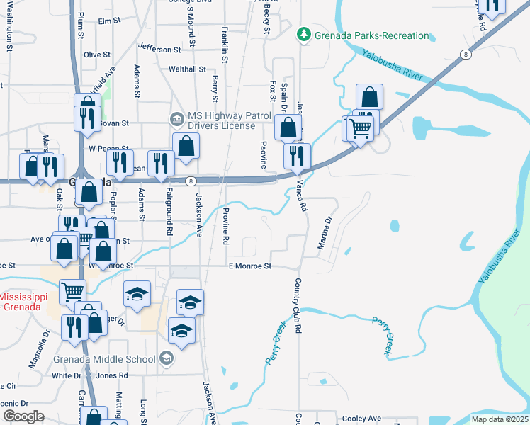 map of restaurants, bars, coffee shops, grocery stores, and more near 1660-1698 Live Oak Drive in Grenada