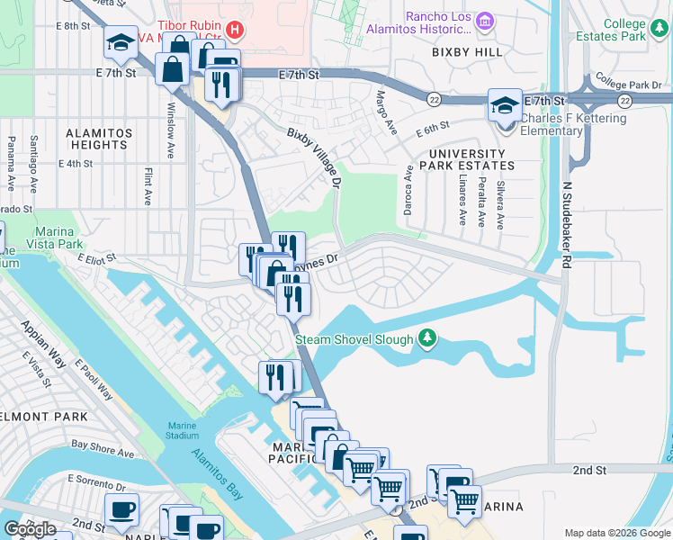 map of restaurants, bars, coffee shops, grocery stores, and more near 309 North Jade Cove Drive in Long Beach