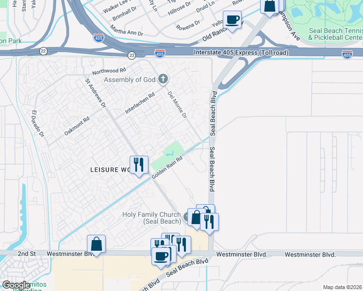 map of restaurants, bars, coffee shops, grocery stores, and more near 1841 Golden Rain Road in Seal Beach