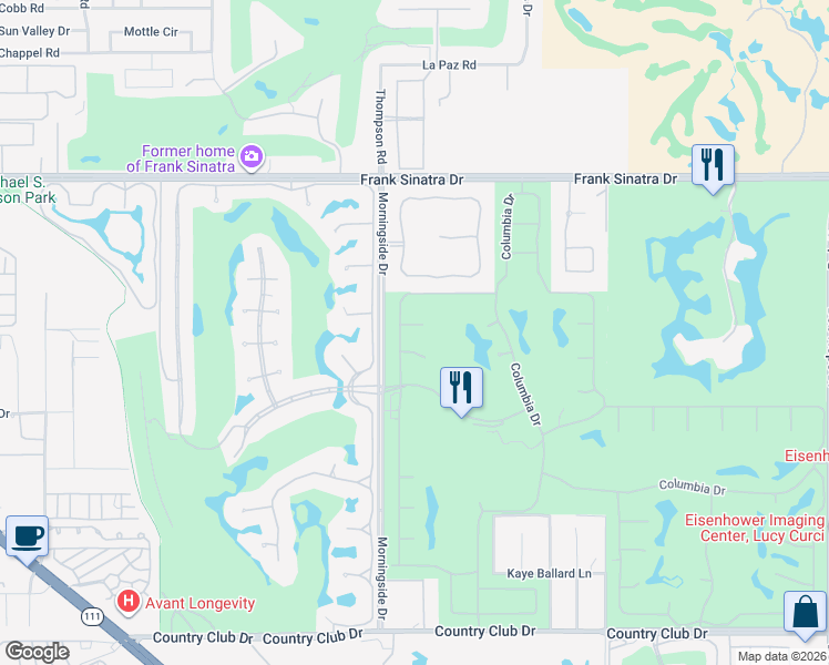 map of restaurants, bars, coffee shops, grocery stores, and more near 8 Temple Court in Rancho Mirage