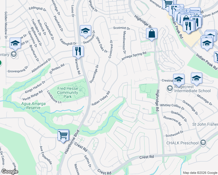 map of restaurants, bars, coffee shops, grocery stores, and more near 29121 Indian Valley Road in Rancho Palos Verdes