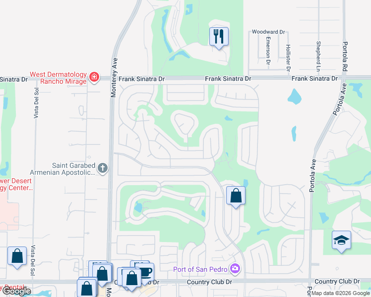 map of restaurants, bars, coffee shops, grocery stores, and more near 38685 Poppet Canyon Drive in Palm Desert