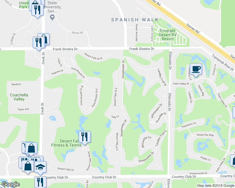 map of restaurants, bars, coffee shops, grocery stores, and more near 314 Desert Falls Drive East in Palm Desert