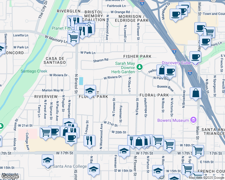 map of restaurants, bars, coffee shops, grocery stores, and more near 2327 North Towner Street in Santa Ana