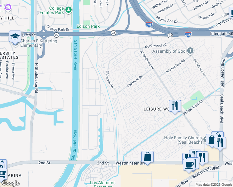 map of restaurants, bars, coffee shops, grocery stores, and more near 13400 El Dorado Drive in Seal Beach