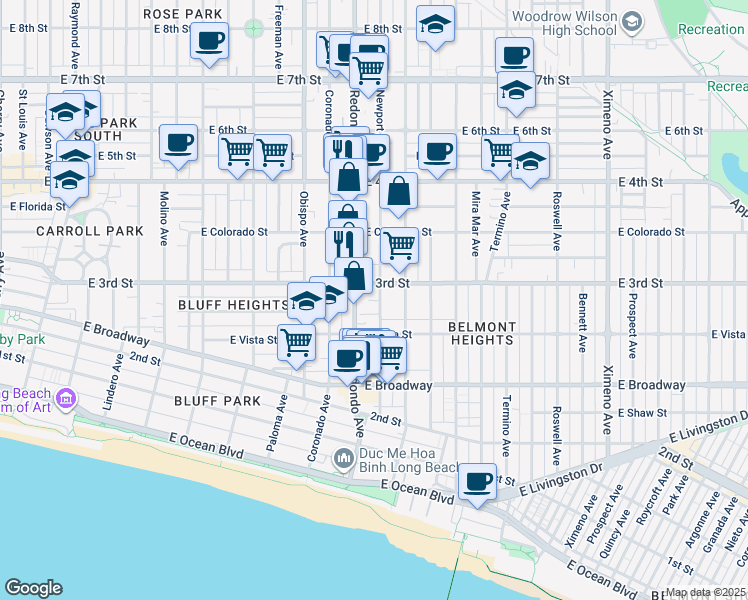map of restaurants, bars, coffee shops, grocery stores, and more near in Long Beach