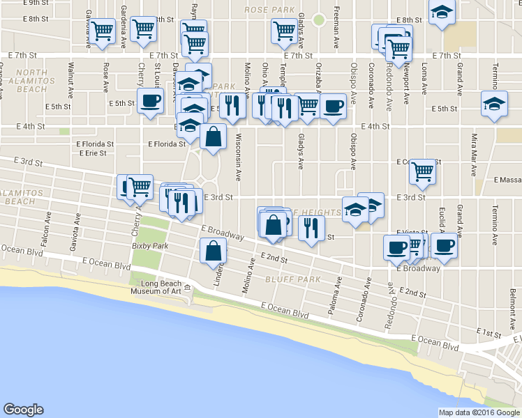 map of restaurants, bars, coffee shops, grocery stores, and more near 2622 East 3rd Street in Long Beach