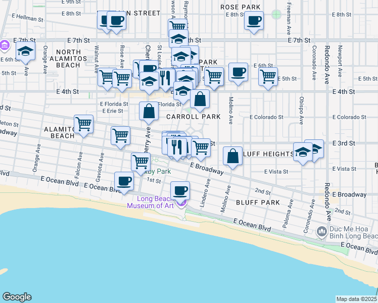 map of restaurants, bars, coffee shops, grocery stores, and more near 299 Kennebec Avenue in Long Beach