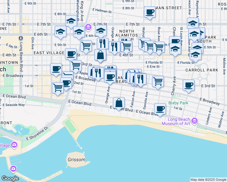map of restaurants, bars, coffee shops, grocery stores, and more near 1231 2nd Street in Long Beach