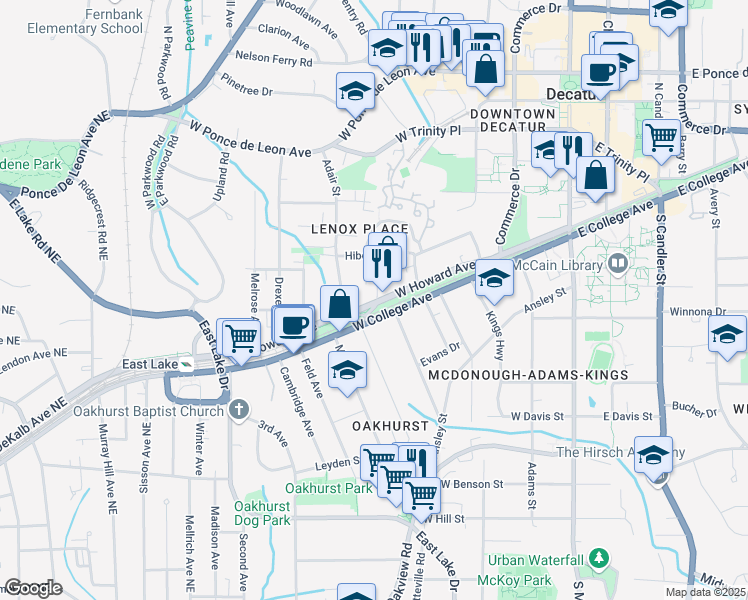 map of restaurants, bars, coffee shops, grocery stores, and more near 537 West Howard Avenue in Decatur