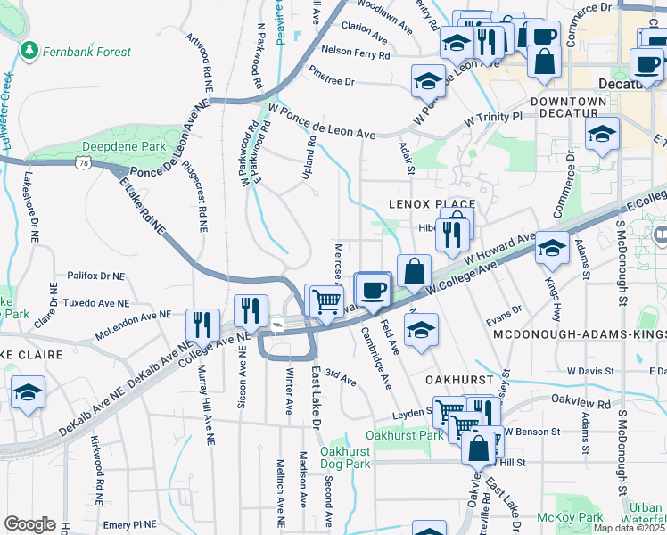 map of restaurants, bars, coffee shops, grocery stores, and more near 222 Melrose Avenue in Decatur