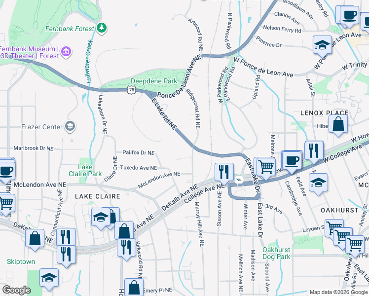 map of restaurants, bars, coffee shops, grocery stores, and more near 2139 East Lake Road Northeast in Atlanta