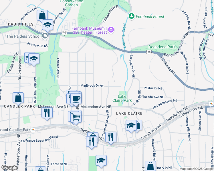 map of restaurants, bars, coffee shops, grocery stores, and more near 496 Ridgewood Road Northeast in Atlanta