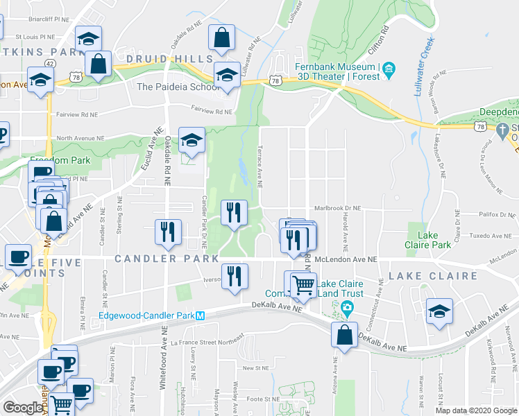 map of restaurants, bars, coffee shops, grocery stores, and more near 511 Clifton Terrace Northeast in Atlanta