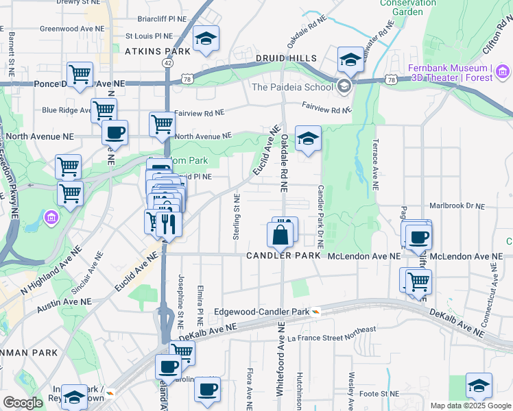 map of restaurants, bars, coffee shops, grocery stores, and more near 1344 Hooper Avenue Northeast in Atlanta