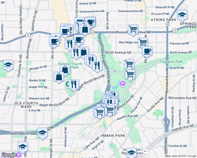 map of restaurants, bars, coffee shops, grocery stores, and more near in Atlanta