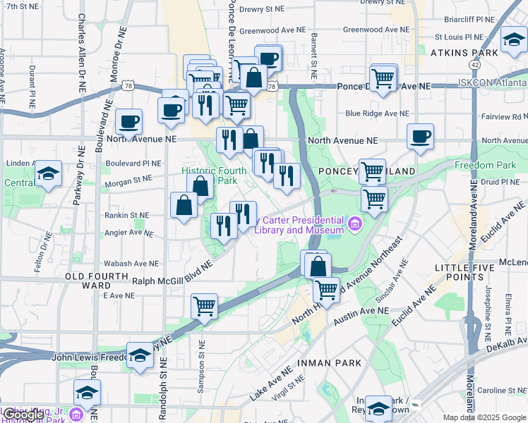 map of restaurants, bars, coffee shops, grocery stores, and more near 820 Ralph McGill Boulevard Northeast in Atlanta