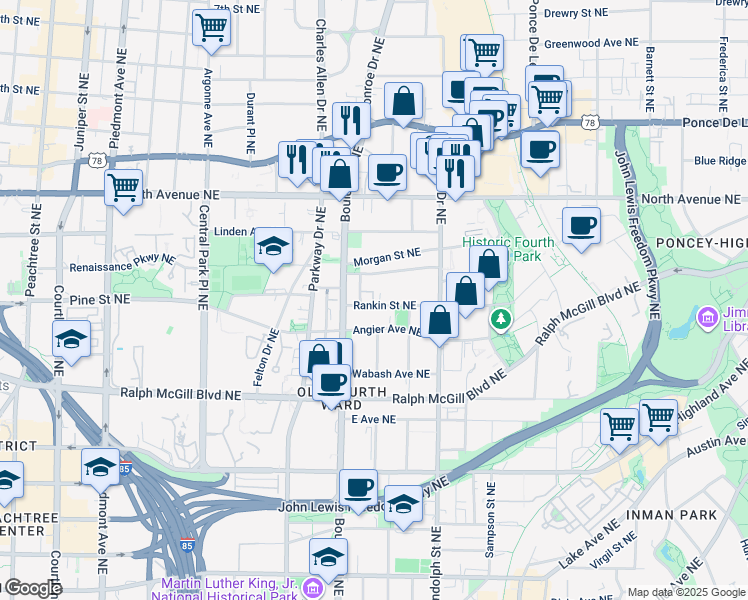 map of restaurants, bars, coffee shops, grocery stores, and more near 513 Winton Terrace Northeast in Atlanta