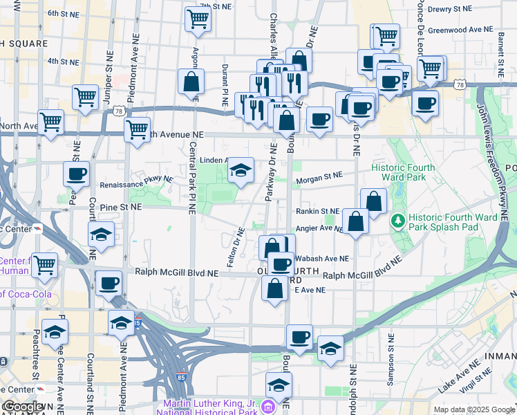 map of restaurants, bars, coffee shops, grocery stores, and more near 500 Parkway Drive Northeast in Atlanta