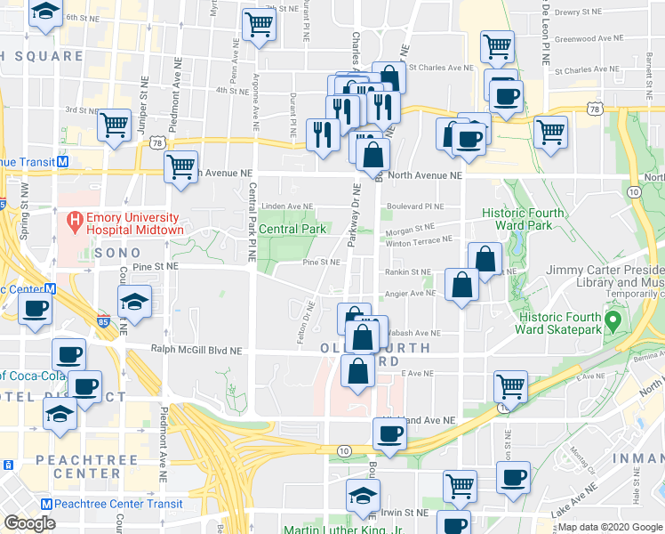 map of restaurants, bars, coffee shops, grocery stores, and more near 500 Parkway Drive Northeast in Atlanta