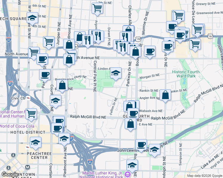map of restaurants, bars, coffee shops, grocery stores, and more near 386 Pine Street Northeast in Atlanta