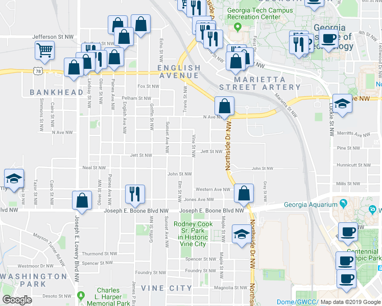 map of restaurants, bars, coffee shops, grocery stores, and more near 630 Cameron Madison Alexander Boulevard Northwest in Atlanta