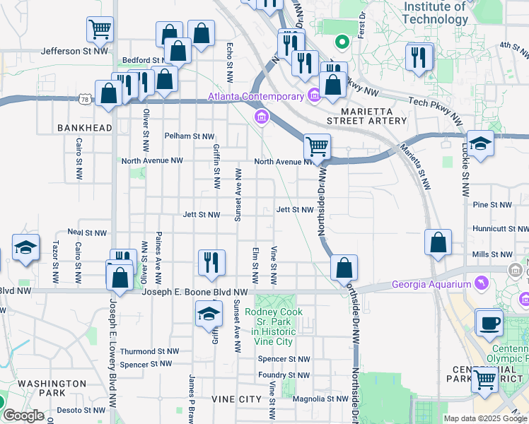 map of restaurants, bars, coffee shops, grocery stores, and more near 630 Cameron Madison Alexander Boulevard Northwest in Atlanta