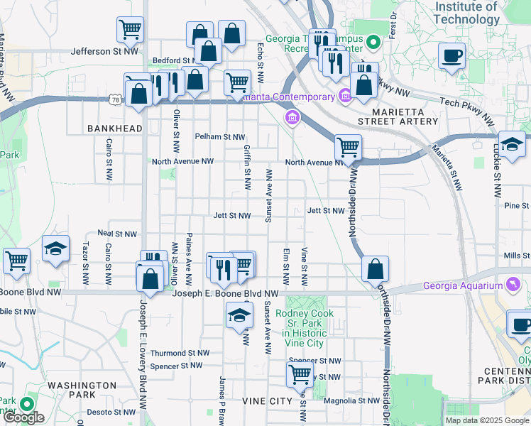 map of restaurants, bars, coffee shops, grocery stores, and more near 670 Cameron Madison Alexander Boulevard Northwest in Atlanta