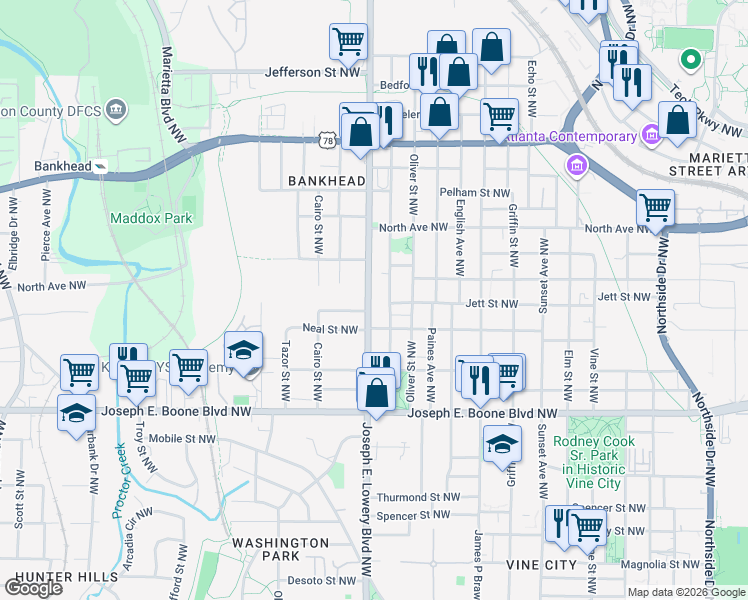 map of restaurants, bars, coffee shops, grocery stores, and more near 467 Joseph E. Lowery Boulevard Northwest in Atlanta