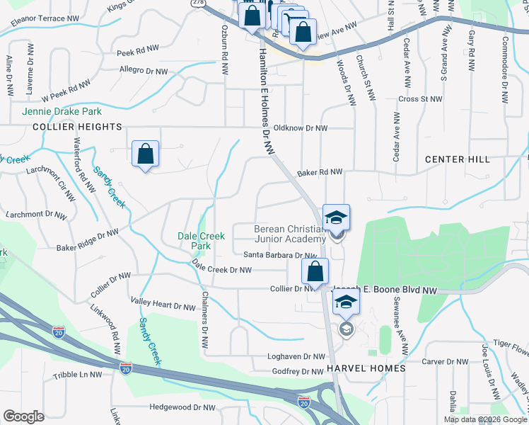 map of restaurants, bars, coffee shops, grocery stores, and more near 2924 Renfro Drive Northwest in Atlanta