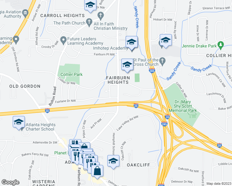 map of restaurants, bars, coffee shops, grocery stores, and more near 483 Fairlane Circle Northwest in Atlanta