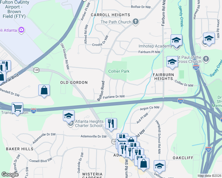 map of restaurants, bars, coffee shops, grocery stores, and more near 462 Fedora Way Northwest in Atlanta